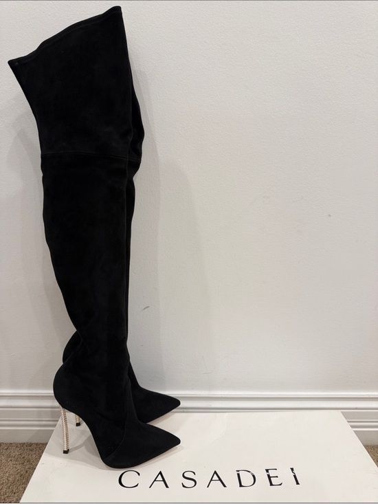 Casadei Shoes - Casadei Black Suede Over The Knee Pearl Heel Boots 37 / US 7 Statement Luxury